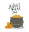 Poster saint patricks day with treasure in cauldron and stacked golden coins in colorful silhouette over white