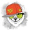 The poster of the sakita inu dog portrait in hip-hop hat. Vector illustration.