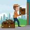 Poster scene city landscape of fast delivery man with packages at home