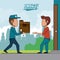 Poster scene city landscape of fast delivery man with packages to customer