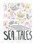 Poster sea tales with ocean symbols. Mermaids and sea animals, water transport and lighthouse.