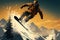 Poster showcases snowboarders epic leap against a majestic mountain backdrop