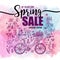 Poster Spring sales, set of black icons and symbols with bike on a watercolor background, flyer templates with lettering