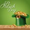 Poster st patrick day leprechaun hat coins on wooden green background