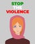 Poster Stop the Violence. A woman with bruises. Iran protests. Freedom. Stop violence.