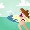 Poster with surfer girl with surfboard running to ocean. Beach and surfings design for poster, t-shirt or cards. Summer time