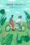 Poster template with cute couple riding tandem bike at park and romantic phrase. Young boy and girl in love or pair of