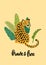 Poster template with leopard and exotic tropical plants, with hand-drawn phrase: Brave and free.