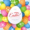 A poster with the text Happy Easter on the background of decorative colored Easter eggs Creative template for advertising cards