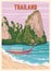 Poster Thailand tropical resort vintage. Travel holiday summer. Exotic beach coast, boat, palms, ocean. Retro style