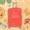 Poster on the theme of summer travel, leisure and adventure. A large red suitcase on wheels and summer accessories on