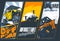 Poster of three banners with UTVs off-road vehicles. Vector graphics