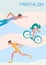 Poster for triathlon competitions. Runner, cyclist and swimmer. Vector illustration.