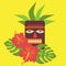 Poster with tropical palm leaves and flowers hibiscus, flower hawaiian with tiki mask bar logo, exotic summer flower hawaii