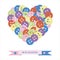 A poster for Valentine`s Day with a heart made of multi-colored buttons and a ribbon with an inscription