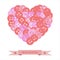 A poster for Valentine`s Day with a heart made of multi-colored buttons and a ribbon with an inscription