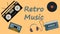 Poster from vinyl record, old vintage retro hipster film music first player and audio tape recorder for listening audio cassettes