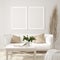 Poster, wall mockup in beige interior with white sofa, wooden table and plants, Scandinavian style