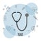 Poster white background with black silhouette icons of health control in background and colorful stethoscope icon in