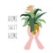 Poster with woman hands with home tropical plant and text - `Home sweet home`. Hand drawn vector illustration.