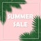 Poster with the words - Summer sale. Color vector illustration with tropical leaves. flat style. for promotion of cosmetic,