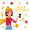 Poster with young girl with a takeaway coffee drink in a red sweater in autumn windy day. Autumn illustration with brunette young