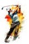 poster of young man playing gold and hitting ball, person kick and golfing, watercolor banner illustration