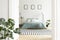 Posters above green bed in white bedroom interior with plants an