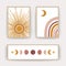 Posters with abstract rainbow, moon and sun. Scandinavian design for wallpaper and home decor. Contemporary geometric