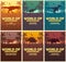 Posters collection World of dinosaurs. Prehistoric world. T-rex, Diplodocus, Velociraptor, Parasaurolophus, Stegosaurus