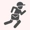 Postman with bag glyph icon. Mail worker person, running man, courier. Postal service vector design concept, glyph style