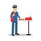 Postman in blue uniform putting letters in mailbox, cartoon character vector Illustration