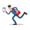 Postman in blue uniform with red bag and clipboard running cartoon character, express delivery mail vector Illustration