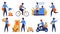 Postman. Cartoon delivery worker character shipping parcels, walking with mail and riding. Vector express delivery and