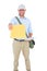 Postman delivering letter on white background