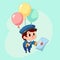 Postman delivery mail. Friendly post man in blue uniform with letter. Funny cartoon illustration