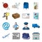 Postman, envelope, mail box and other attributes of postal service.Mail and postman set collection icons in cartoon