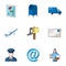 Postman, envelope, mail box and other attributes of postal service.Mail and postman set collection icons in cartoon