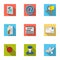 Postman, envelope, mail box and other attributes of postal service.Mail and postman set collection icons in flat style