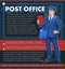 Postman. A middle-aged young man in a blue suit and tie. Banner for the post office. Full height. Standing. Left hand on hip, in t