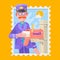 Postman In Purple Uniform Delivering Mail, Putting Letters In Mailbox. Flat Vector Illustration