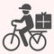 Postman riding bicycle glyph icon. Mail delivery man on bike with box. Postal service vector design concept, glyph style