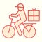 Postman riding bicycle line icon. Mail delivery man on bike with box. Postal service vector design concept, outline