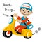 Postman riding scooter, vector cartoon illustration