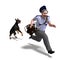 The postman runs from the dangerous dog. 3D