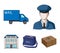 The postman in uniform, mail machine, bag for correspondence, postal office.Mail and postman set collection icons in