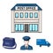 The postman in uniform, mail machine, bag for correspondence, postal office.Mail and postman set collection icons in