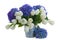 Posy of white tulips and blue hortensia flowers