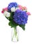 Posy of white tulips, pink roses and blue