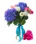 Posy of white tulips, pink roses and blue hortensia flowers